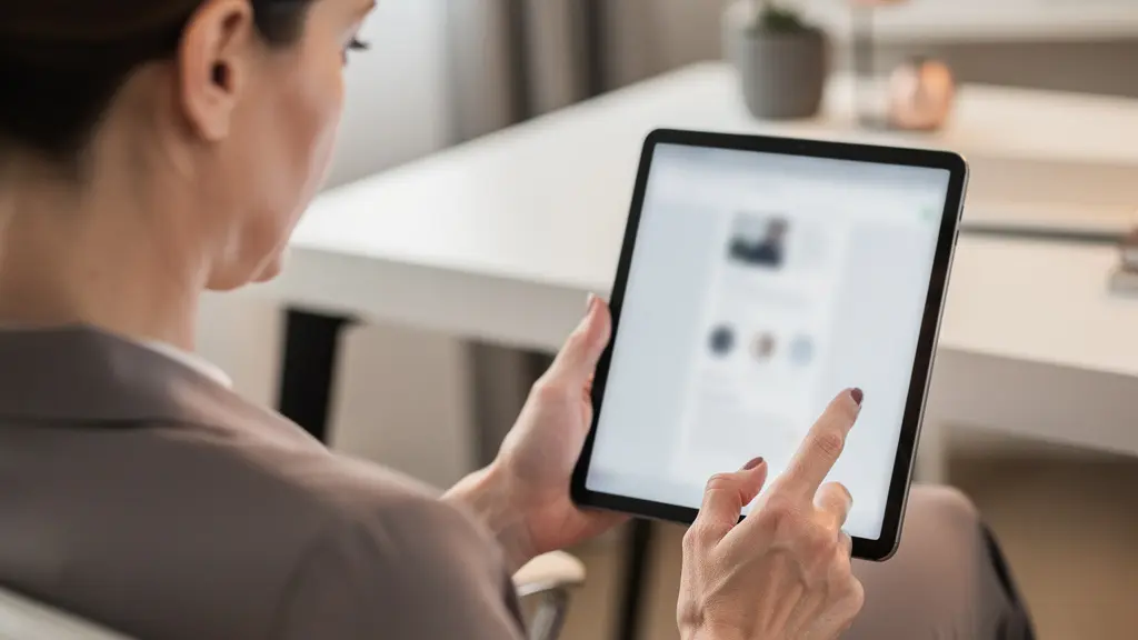 Professionnelle analysant une checklist de critères financiers sur tablette