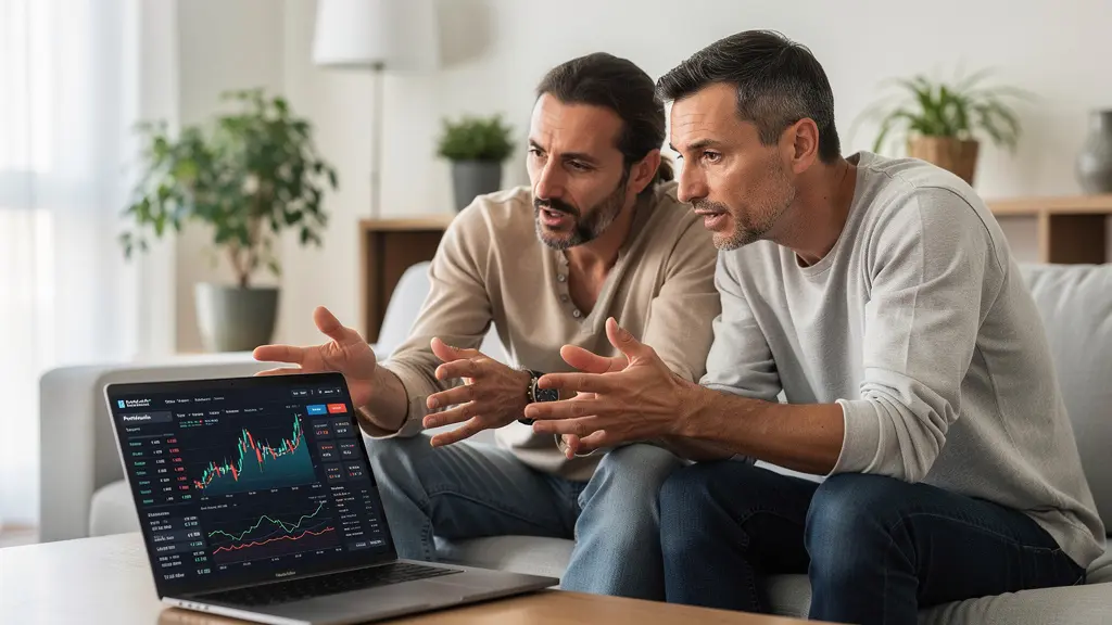 Couple analysant des taux de crédit immobilier sur ordinateur portable dans leur salon