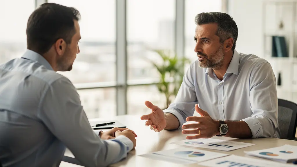 Expert en financement immobilier en conversation avec un client dans un bureau moderne