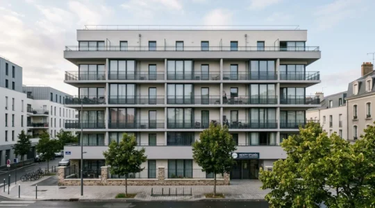Façade contemporaine d'une résidence de services neuve à étages multiples, avec larges baies vitrées et balcons, située dans un environnement urbain français moderne